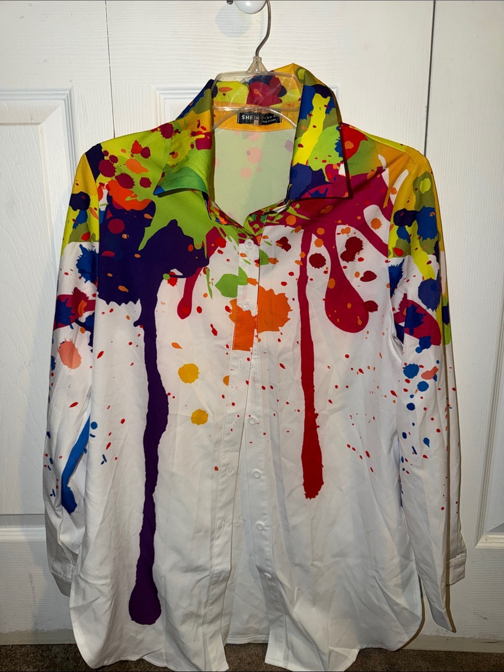 SHEIN White Button-Down Shirt with Multicolor Paint-Splash Print